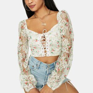 Blue Blush SHEER FLORAL LACE UP TOP SMALL WHITE